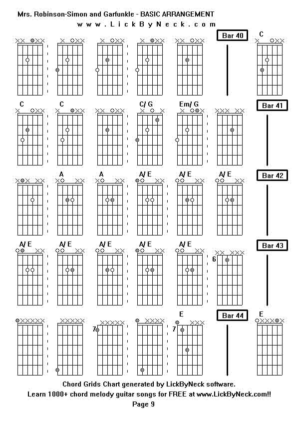 Chord Grids Chart of chord melody fingerstyle guitar song-Mrs Robinson-Simon and Garfunkle - BASIC ARRANGEMENT,generated by LickByNeck software.